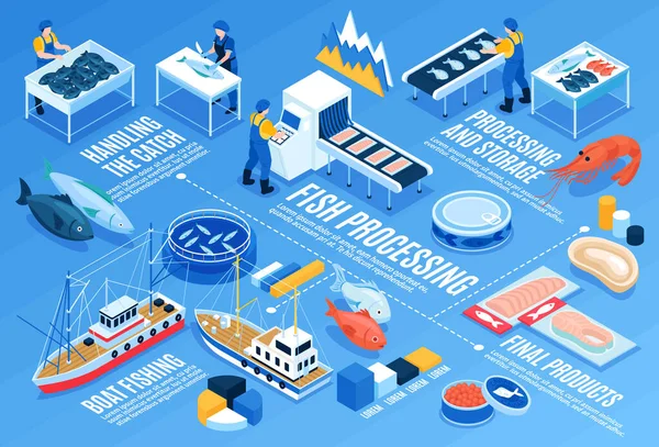 Processamento de peixe Infográficos horizontais — Vetor de Stock