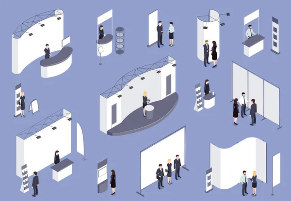 Expo Stand With People Isometric Set — Stockový vektor