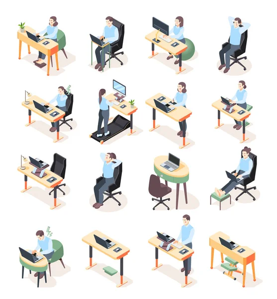 Ergonomische Isometrische Iconen op de werkplek — Stockvector