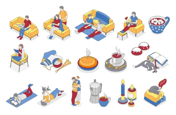 Hygge Lifestyle Isometric Recolor Icon Set — 스톡 벡터