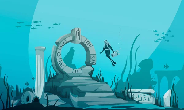 Cartel de dibujos animados hundido Atlantis — Vector de stock
