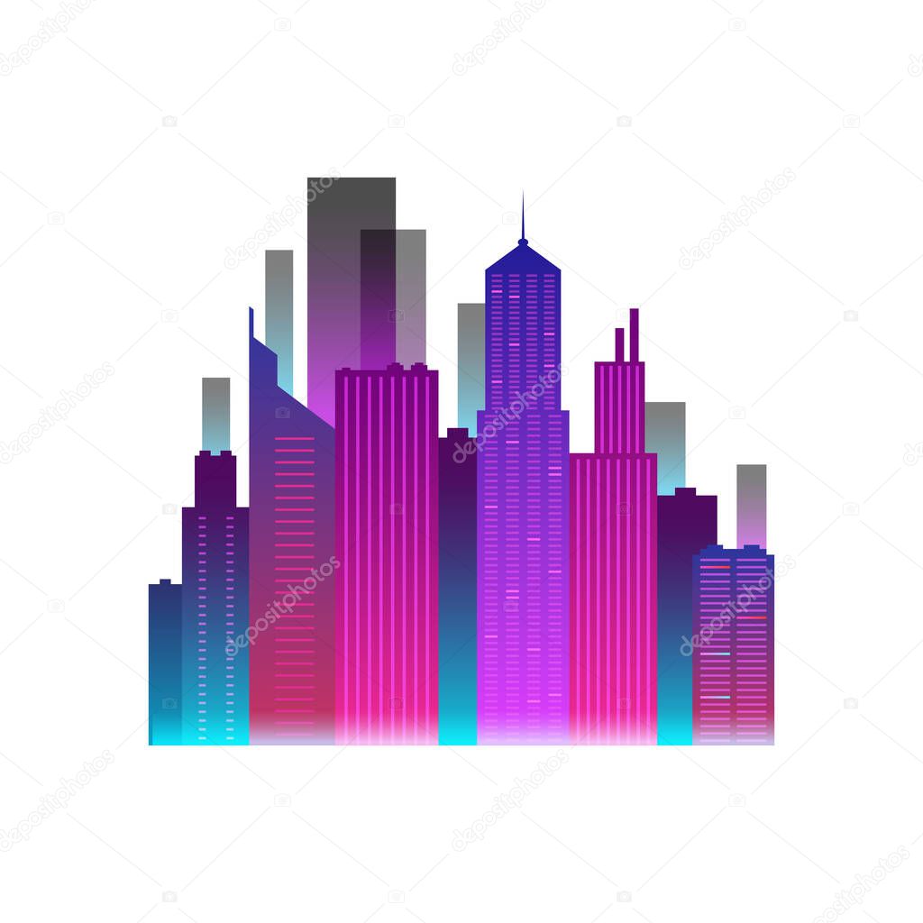 Neon cityscape icon with gradient skyscrapers realistic vector illustration