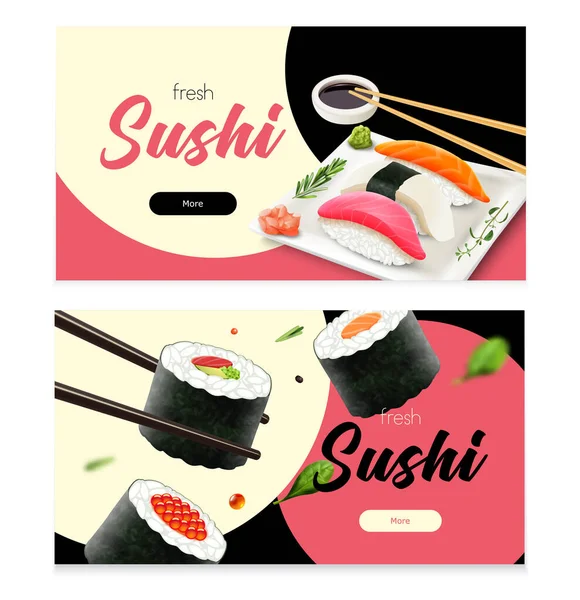 Conjunto de pancartas horizontales de sushi realistas — Vector de stock
