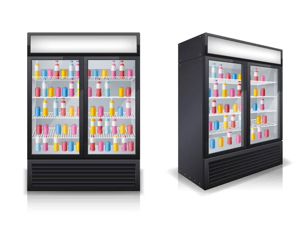 Ensemble réaliste de réfrigérateurs à boisson — Image vectorielle