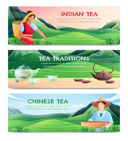 Producción de té natural Banners horizontales — Vector de stock