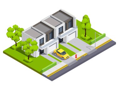 Banliyö Binaları Isometric Vektör İllüstrasyonu