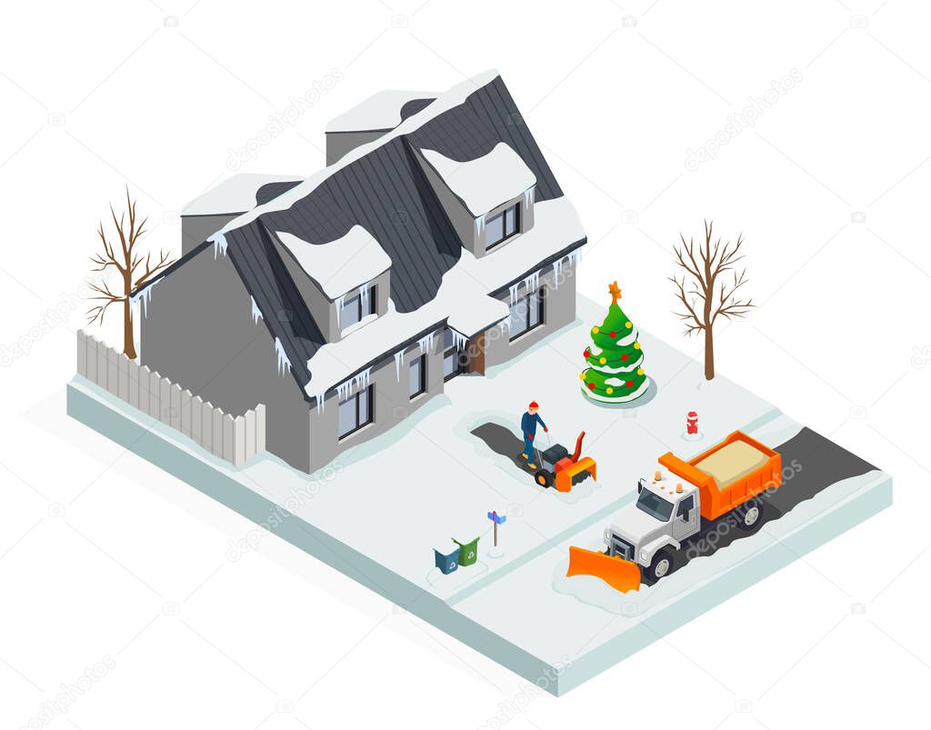 Snow Cleaning Isometric Composition