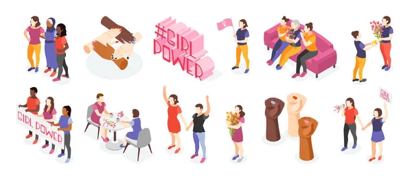 Día Internacional de la Mujer Iconos isométricos — Vector de stock