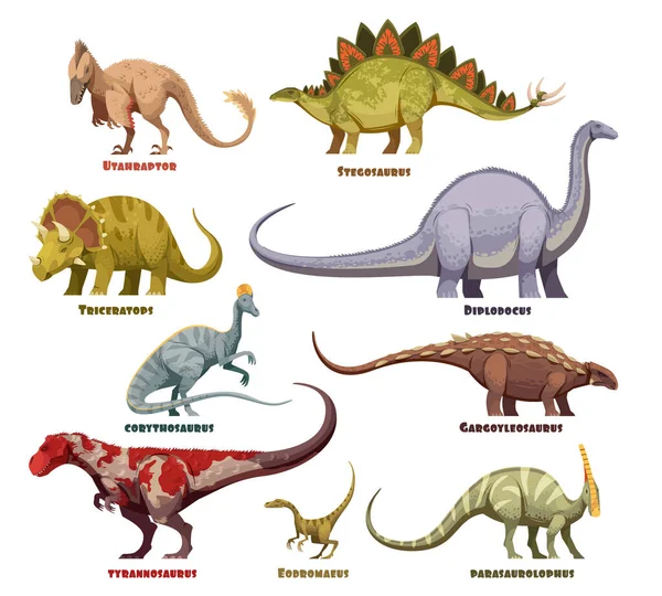 Dinosaures Cartoon Set avec des noms — Image vectorielle