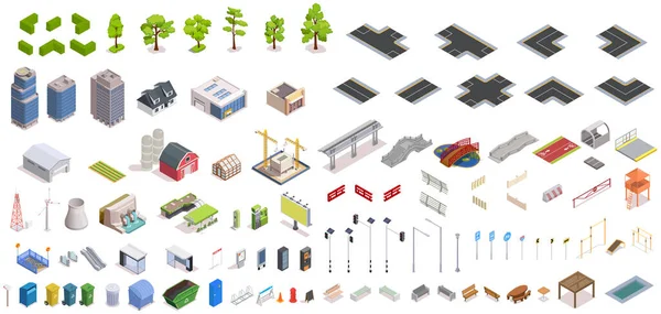 Ciudad constructor conjunto isométrico — Archivo Imágenes Vectoriales