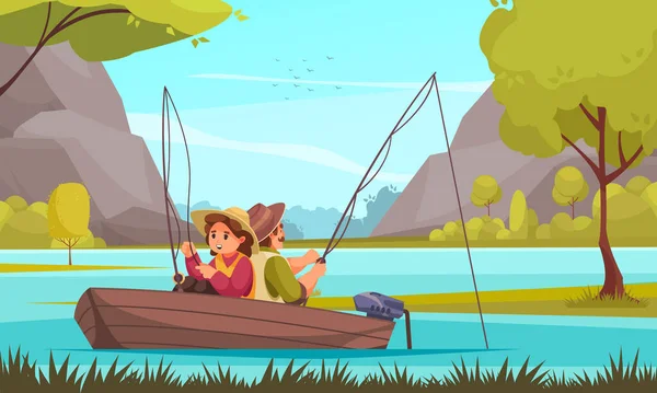 Pesca de vacaciones Composición de dibujos animados — Vector de stock