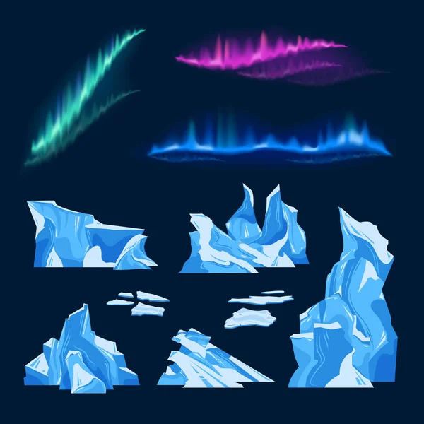 Icebergs e luzes do norte conjunto — Vetor de Stock