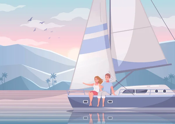 Pár Yachting Rajzfilm Összetétel — Stock Vector