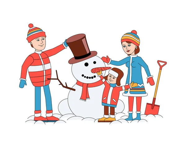 Snowman With Family Composition — Stock Vector