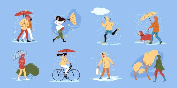 Walking With Umbrellas Set — Stock Vector