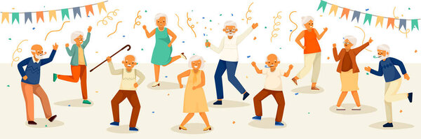 Cartoon Colored Elderly People Happy Life Composition