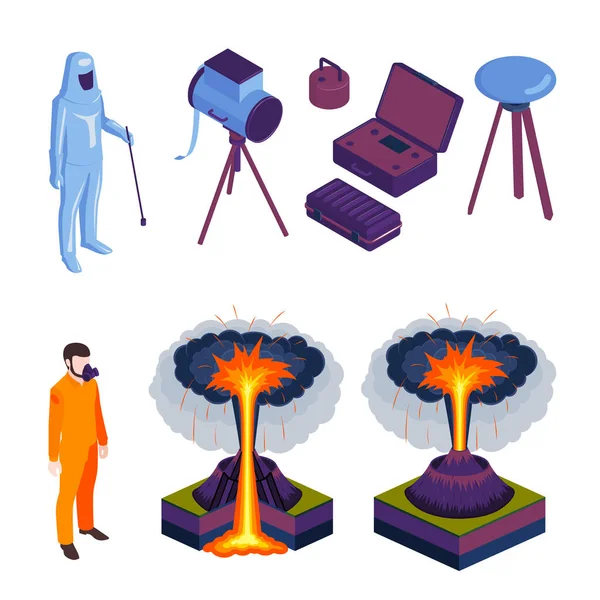 Volcano Eruptions And Volcanologist Isometric Icons — Vector de stock