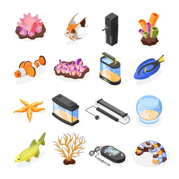 Ensemble d'icônes isométriques d'aquarium — Image vectorielle