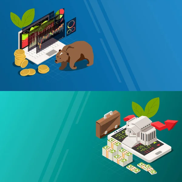 Stock Exchange Isometric Banners — Stock Vector