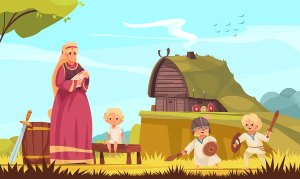 Vikingos Familia Composición de dibujos animados — Vector de stock