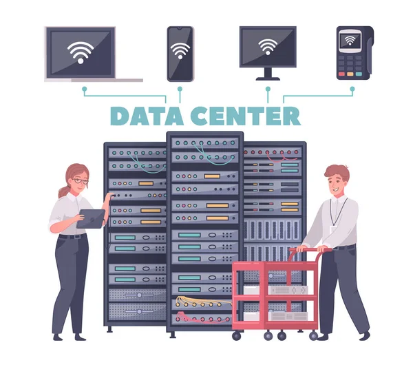 Racks de servidor Composição de desenhos animados — Vetor de Stock