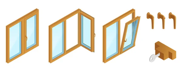 Isometrisches Set für Holzfenster — Stockvektor