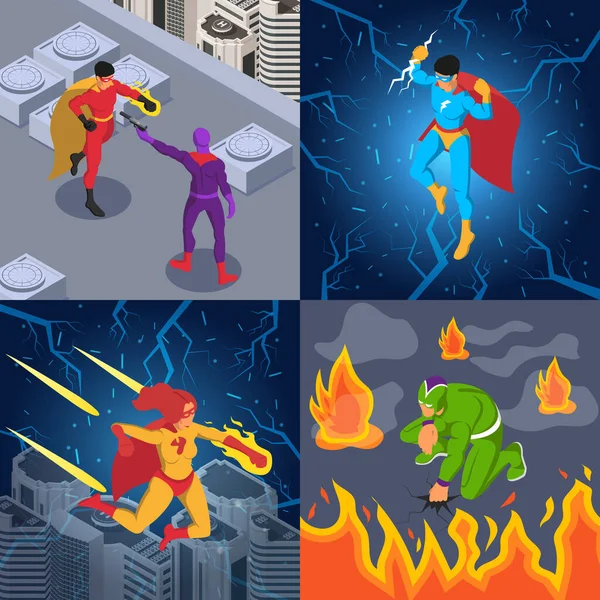Superhéroes Supervillanos Concepto isométrico — Archivo Imágenes Vectoriales
