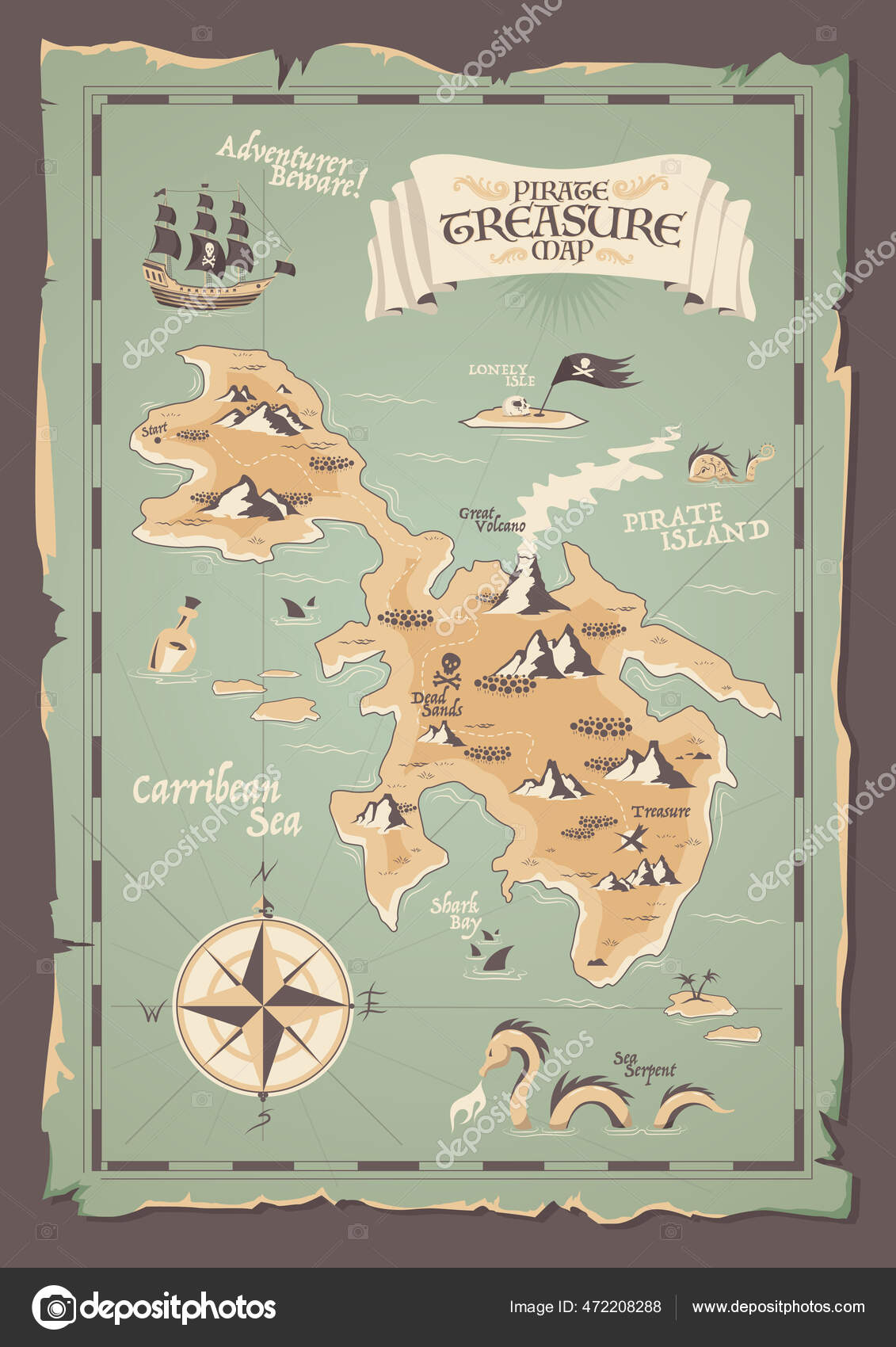 Antigo mapa do tesouro antigo modelo de mapa da ilha dos desenhos