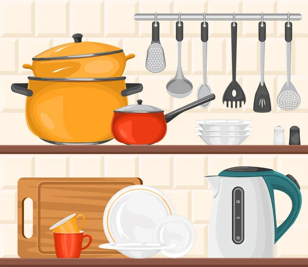 Kitchenware On Shelves Composition — Stock Vector