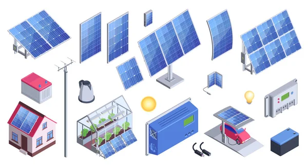 Conjunto Isométrico de Equipamentos de Energia Solar —  Vetores de Stock