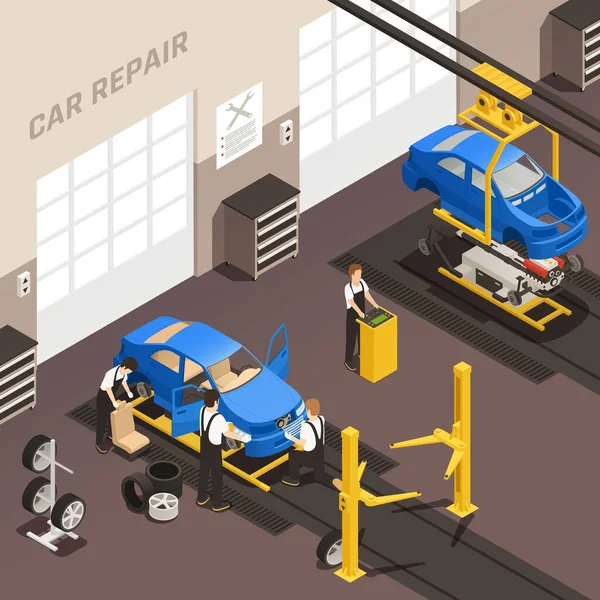 Autó javítás karbantartás Autoservice Station Izometrikus Színes összetétel — Stock Vector