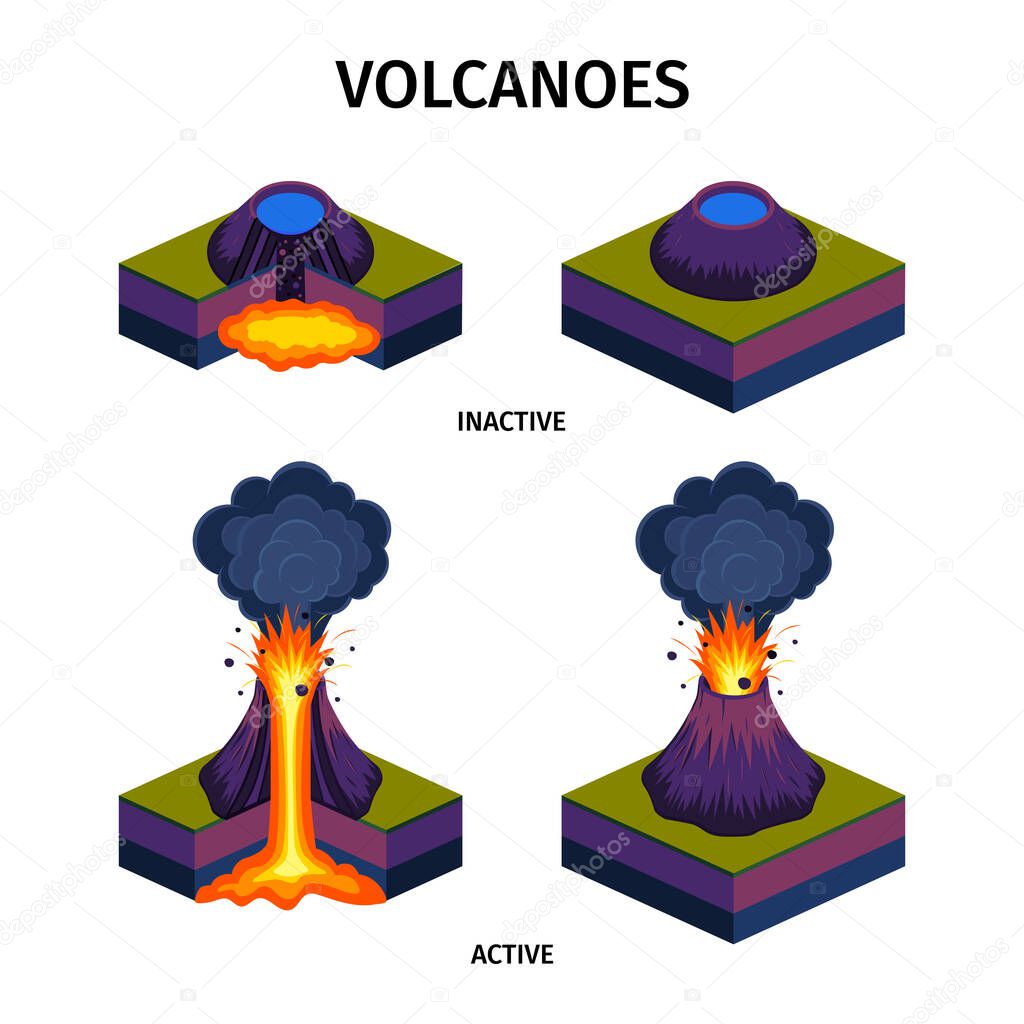 Active And Sleeping Volcanoes Isometric Set