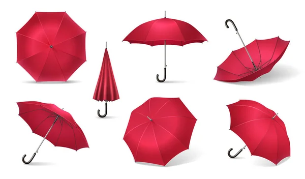 Seven Red Realistic Umbrella Icon Set — ストックベクタ