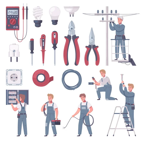 Cartoon Electrician Icon Set — Vetor de Stock