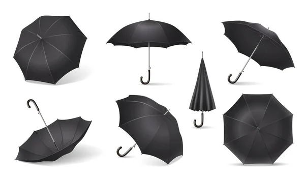 Czarny zestaw realistycznych ikon parasola — Wektor stockowy