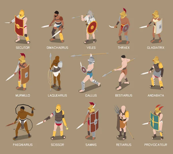 Romalı Gladyatörler Isometric Set — Stok Vektör