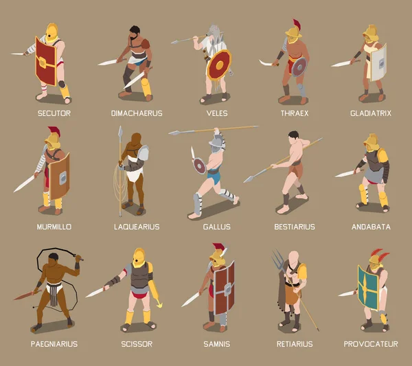 Gladiadores romanos Set isométrico — Archivo Imágenes Vectoriales