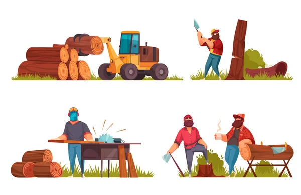 Lumberjack Trabalho Cartoon Composições —  Vetores de Stock