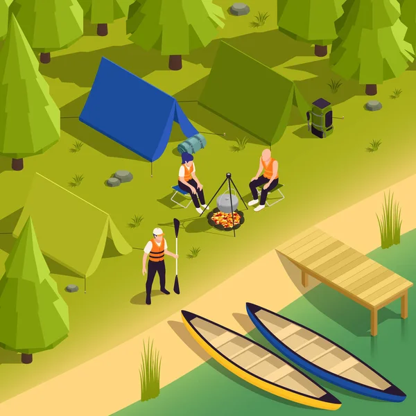 Canotaje Kayak Camping Isomtric View — Vector de stock