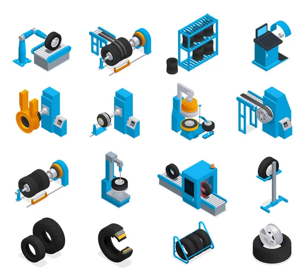 Servicio de producción de neumáticos Icono isométrico Set — Vector de stock