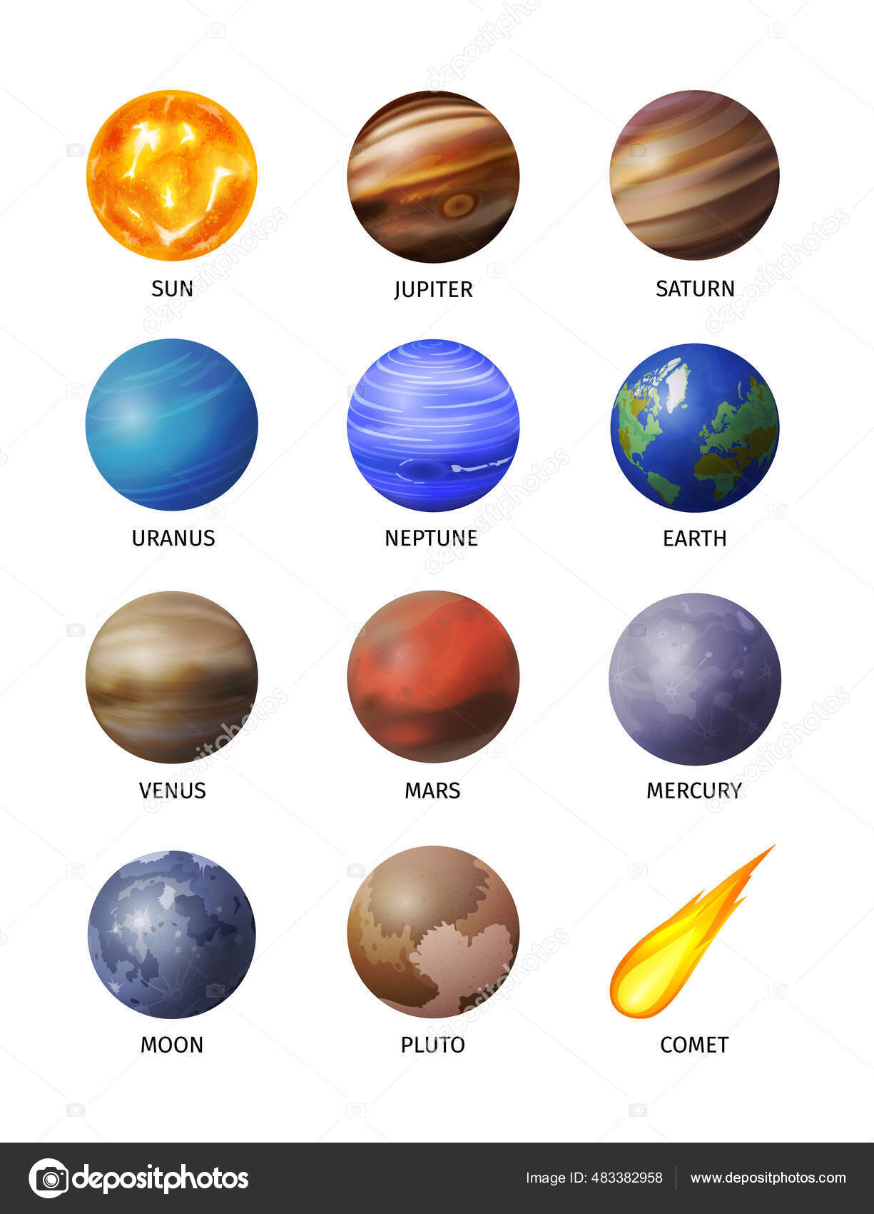 Realistiske romplaneter isolert Icon Set stockvektor © macrovector  #483382958, image size:1225x1700