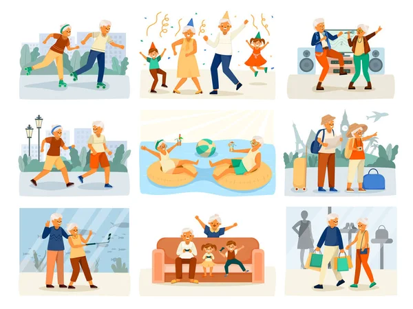 Idős emberek Boldog élet Rajzfilm Elszigetelt ikon készlet — Stock Vector