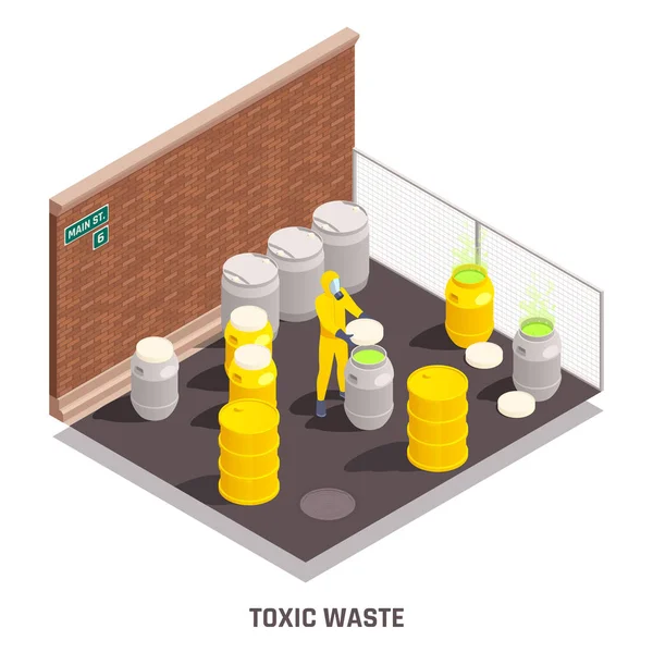 Colored Isometric Toxic Waste Nuclear Chemical Pollution Biohazard Composition — Stock Vector