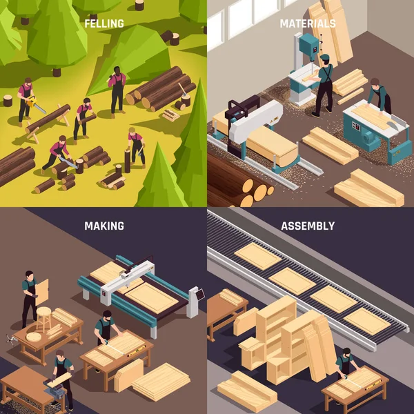 Four Furniture Production Isometric Icon Set — Stock Vector