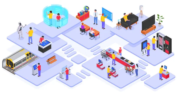 Orang-orang menggunakan Interface Isometric dan Colored Composition - Stok Vektor