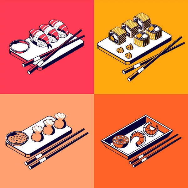 Comida asiática Isométrico 2x2 Concepto de diseño — Vector de stock