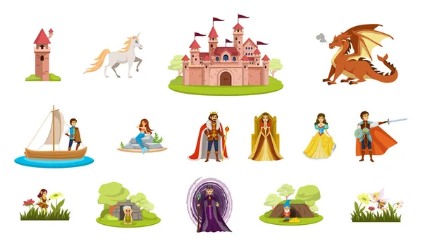 Conjunto de iconos aislados de dibujos animados de personajes de cuento de hadas — Vector de stock