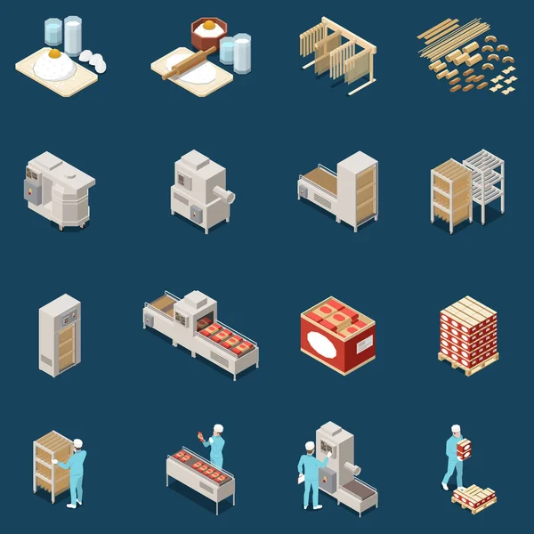 Macaroni Pâtes Production Isometric Icône Set — Image vectorielle