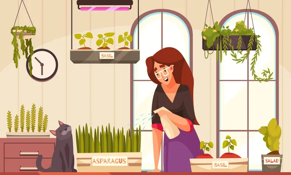 Mujer joven cultivando plantas domésticas — Archivo Imágenes Vectoriales