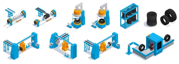 Set di icone di servizio per la produzione di pneumatici isometrici colorati — Vettoriale Stock